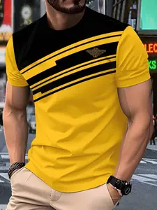 Men's Casual Geometric Pattern Polyester Short Sleeve Fitted T-Shirt, Slightly Elastic Knit Fabric, Breathable Comfort, All Seasons Wear, Top, Streetwear