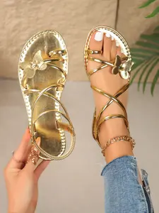 New Flat Dress Sandals Classic Gold Silver Color Thin Strap Elastic Band Fits Foot Shape Slimming Effect, Women Casual PU Material All Seasons Flat Summer Sandals