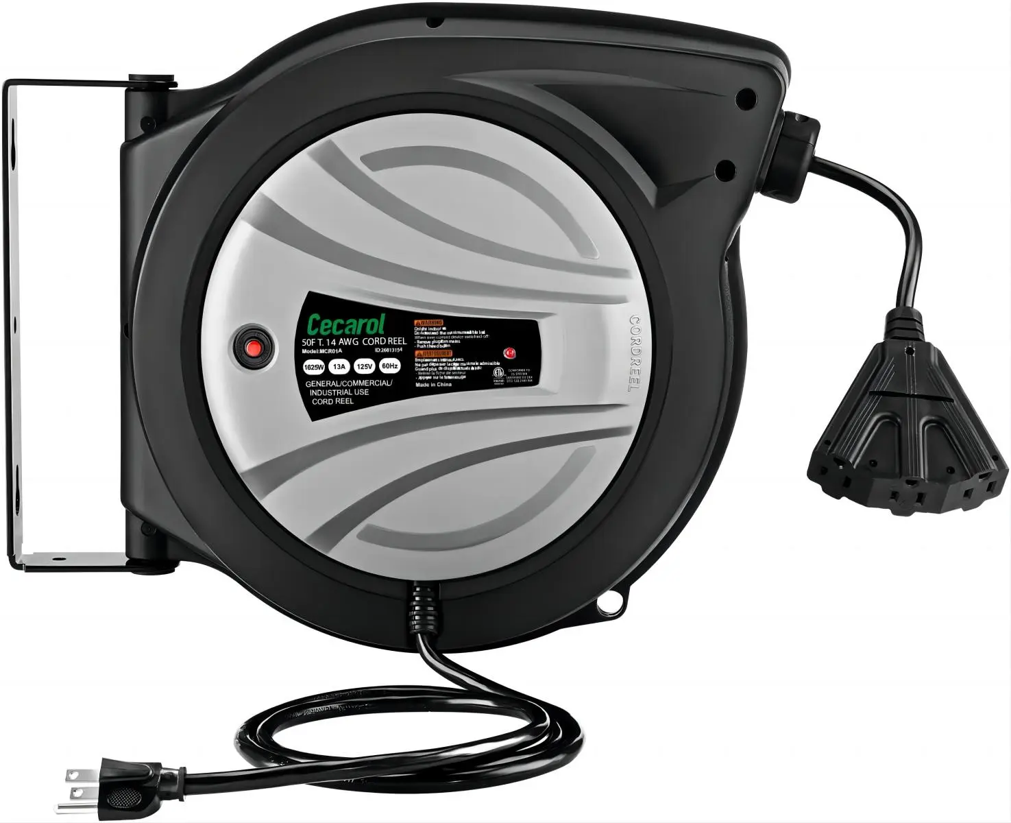 Cecarol Extension Cord Reel 14AWG/3C SJTOW 50FT Retractable Cord with Triple Tap, 13A/ 125V/ 1625W, Slow Retraction Tech, Circuit Breaker, Power Indicator, 180° Swivel (50FT, Black)/(65FT, Black)