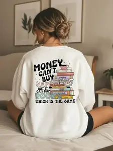 Women's Letter & Book Print Drop Shoulder Sweatshirt, Fashion Casual Style Crew Neck Long Sleeve Pullover Tops For Daily Wear, Women's Clothing For Spring & Fall, Womenswear