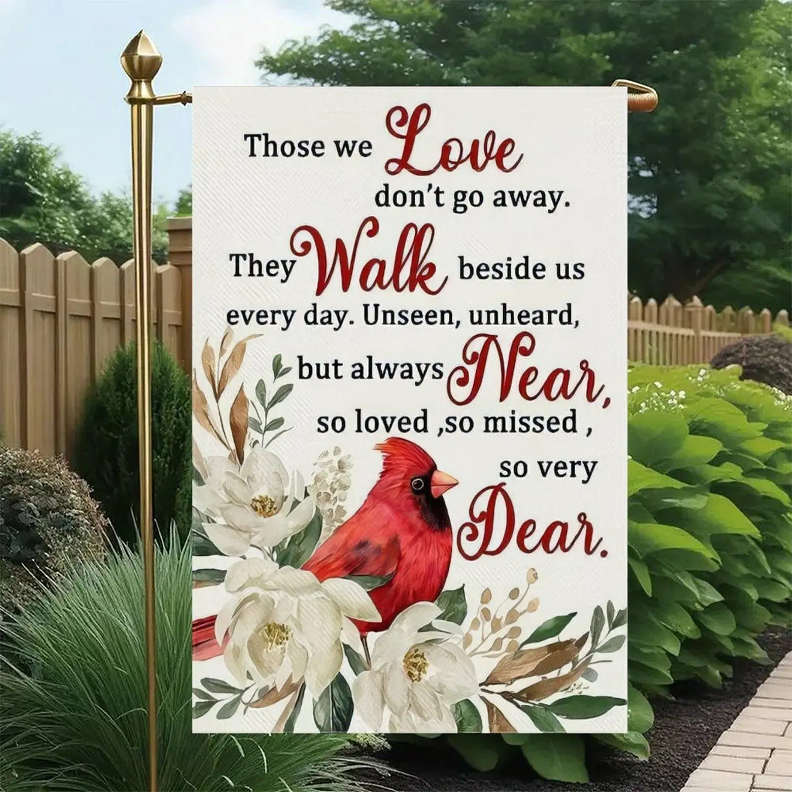 Those We Love Don’t Go Away Red Cardinal White Magnolia Floral Sympathy Remembrance Memorial Garden Flag Double-Sided 12x18in, Grief Comfort Porch Lawn Sign
