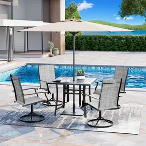 5-Piece All-Weather Patio Dining Set with 4 Textilene Swivel Chairs & Iron Table, Adjustable Umbrella Hole (1.57"-1.97") for Deck, Poolside, Backyard, Lawn (Brown/Gray/Blue)