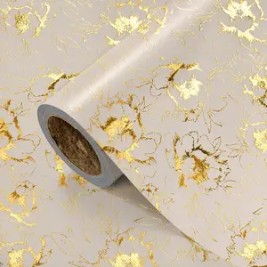 Gold Peony Gift Wrap Paper Roll, Elegant Metallic Gold Floral Gift Wrapping, Ideal for Weddings, Anniversaries, DIY Decorations, 43.2cm X 300cm