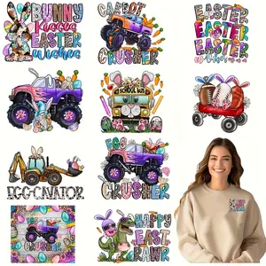12-Piece Easter Heat Transfer Stickers, Vibrant DTF Design, Rabbit & Egg Patterns, Washable PVC Material, Ideal for T-Shirts, Masks, Jeans, Backpacks