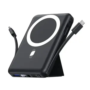 Magsafe Battery Pack 10000mAh Wireless Magnetic Charger 22.5W PD Fast Charging USB-C Cable LED Display Foldable Stand for iPhone 16/15/14/13/12 Pro Max Device Foldable Power Bank Chargeable Lithium Portable with Protection Black Smartphone