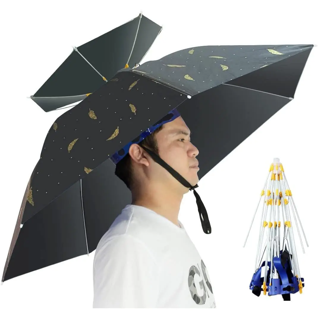 Umbrella Hat Folding Adjustable Sun Rain Cap, 37.4" UPF 50+ UV Protection Large Hands Free Umbrellas, 7-Ribs  Headwear for Fishing Gardening Golf Sunshade Outdoor