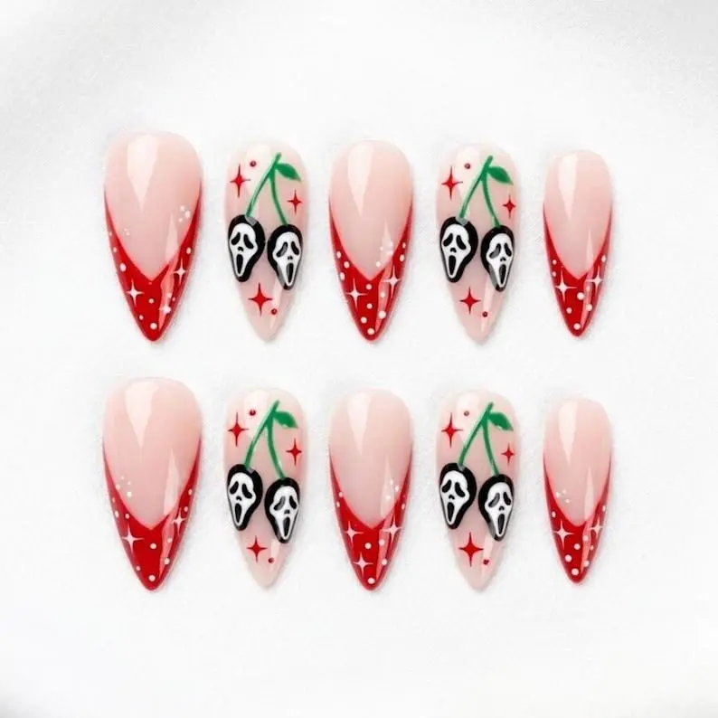 Ghostface cherry red french tip press on nails, spooky cute medium almond Halloween fake manicure