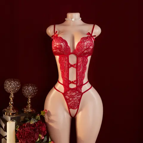 AESKEIA Women's Red Lace Teddy Bodysuit, Strappy Cutout V Neck One Piece Lingerie,marcello bodysuit
