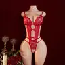 AESKEIA Women's Red Lace Teddy Bodysuit, Strappy Cutout V Neck One Piece Lingerie,marcello bodysuit