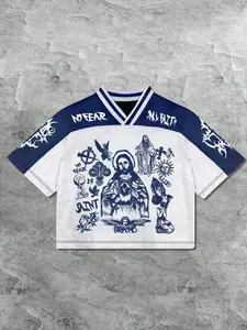 Men's Casual Mesh Patchwork Shirt, Breathable Mesh Fabric, Colorblock Sleeves, Jesus Print, Street Style, Daily Wear, Trendy Party