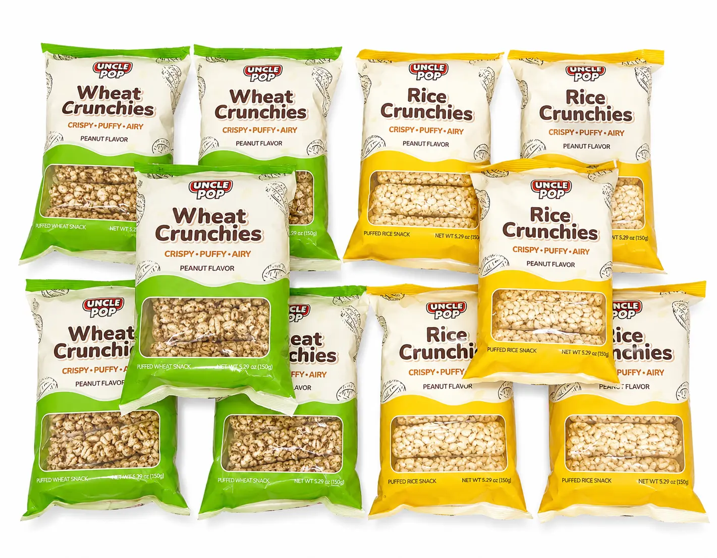 Uncle Pop Rice Crunchies & Wheat Crunchies Peanut Flavor Bundle, 10 Pack