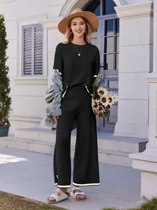 Women's 2-Piece Lounge Set - Black Knit Tracksuit with Short Sleeve Top & Wide Leg Pants - Soft Stretchy Homewear for Casual Wear