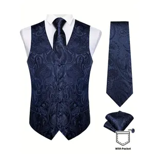 Luxury Men's Waistcoat - Black Paisley Fashion Vest For Man Wedding Business - Necktie Pocket Square Cufflinks Set