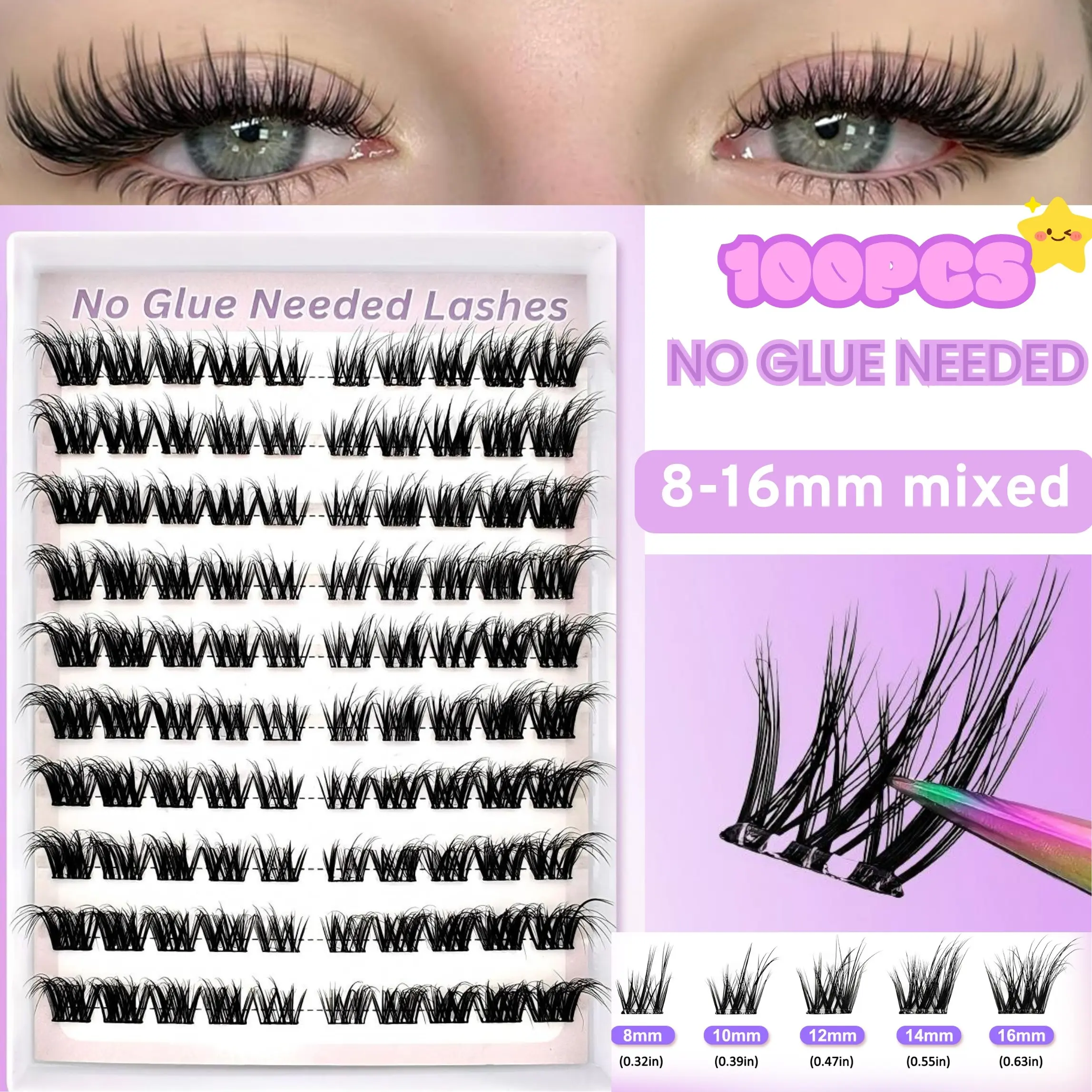 100 Clusters Self-Adhesive False Eyelash Bunches, No Glue Needed, Mixed Lengths 8-16mm, Fluffy Cat Eye Design for Travel & Gift, Glueless Lashes Clusters, Self Adhesive Eyelashes