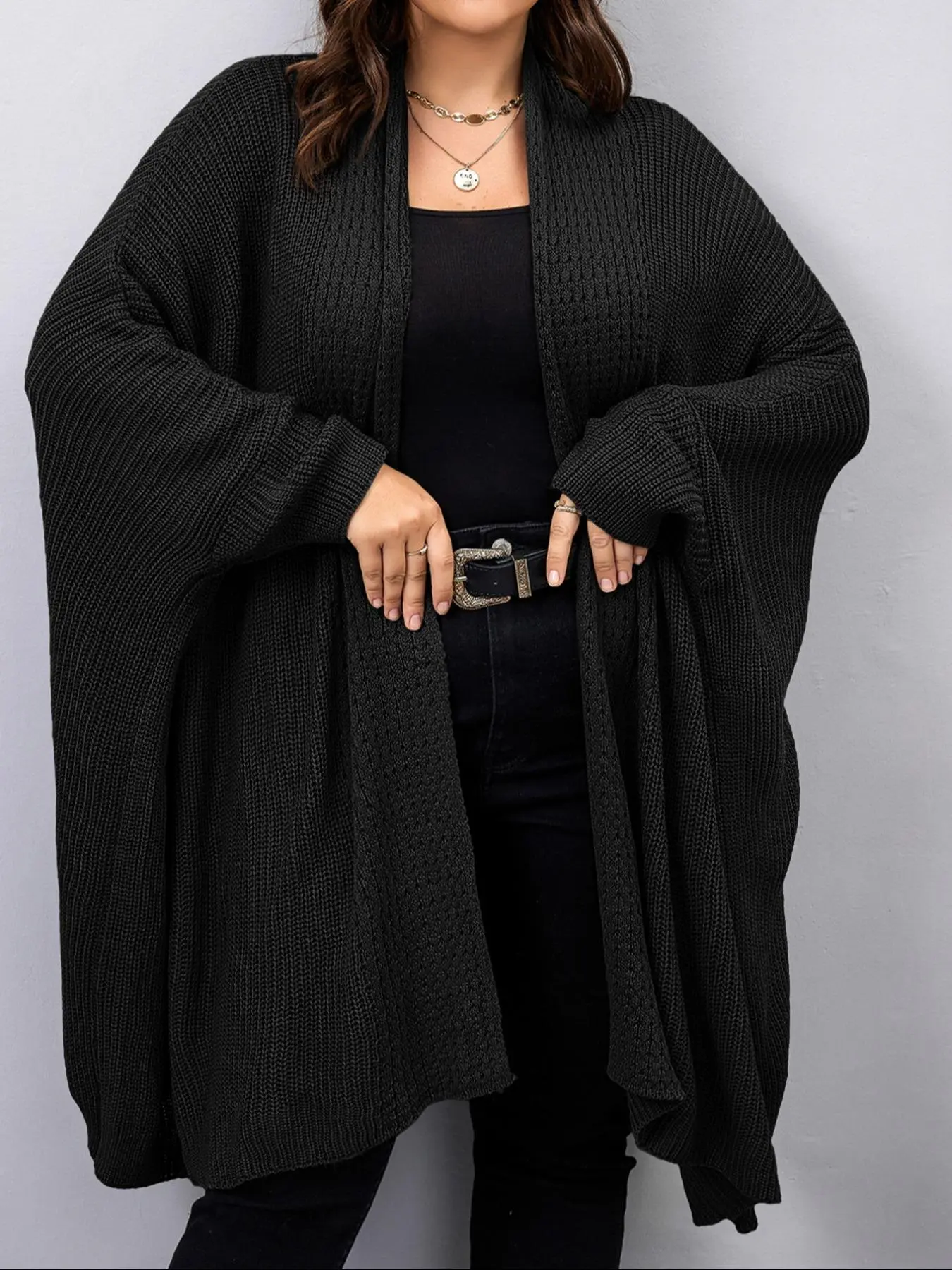 [Plus Size] Solid Batwing Sleeve Open Front Cardigan, Casual Long Sleeve Knit Outerwear for Fall & Winter, Women's Clothing for Daily Wear, Womenswear, Knitwear