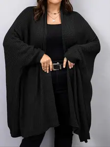 [Plus Size] Solid Batwing Sleeve Open Front Cardigan, Casual Long Sleeve Knit Outerwear for Fall & Winter, Women's Clothing for Daily Wear, Womenswear, Knitwear