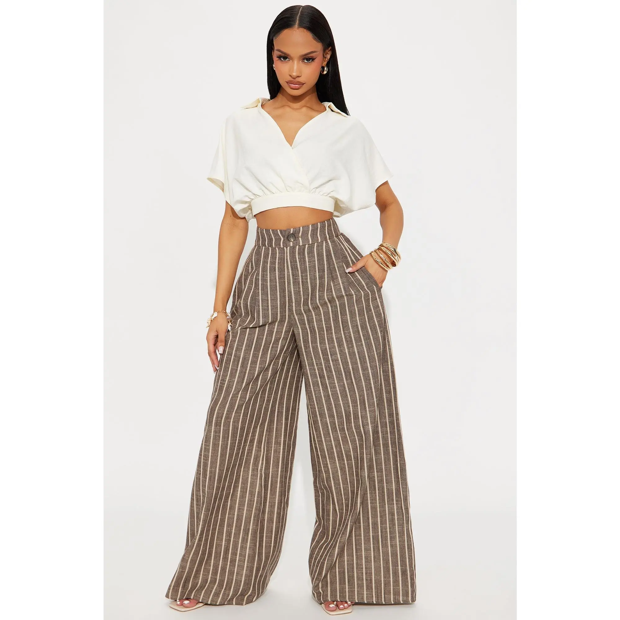 Ella Striped Linen Pant - Mocha/combo