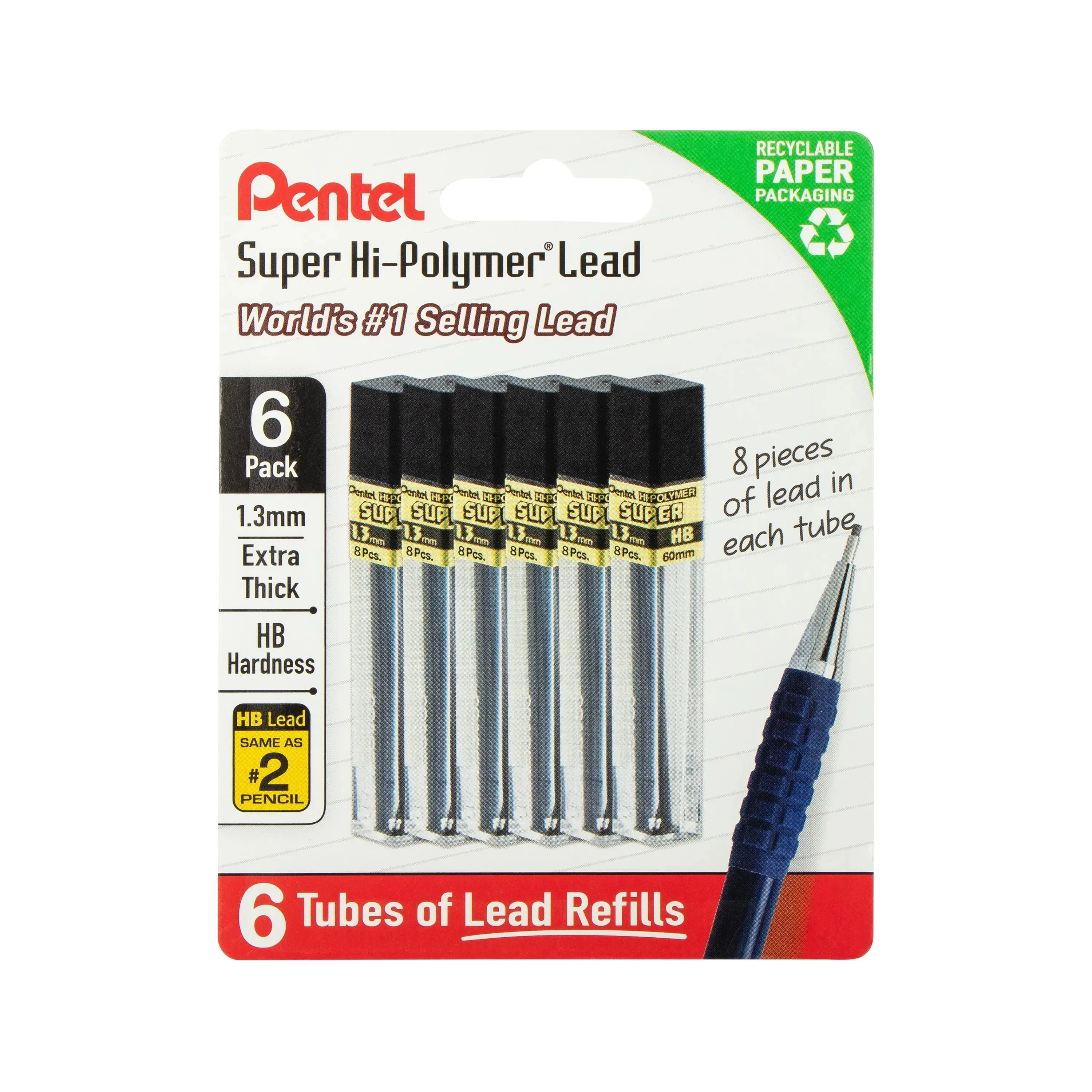 Pentel Super Hi-Polymer Mechanical Pencil Lead Refills, 1.3 mm, HB Grade, 48 Pieces (8 pcs per Tube, 6 Tubes) for Pencils, Mechanical Pencil Pencils