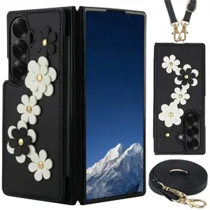 Wallet  Phone Case for Samsung Galaxy Z Fold 7 6 5 4 PU Leather Card Pocket Cover with Neck Strap Retro Lychee Grain Wrist Band