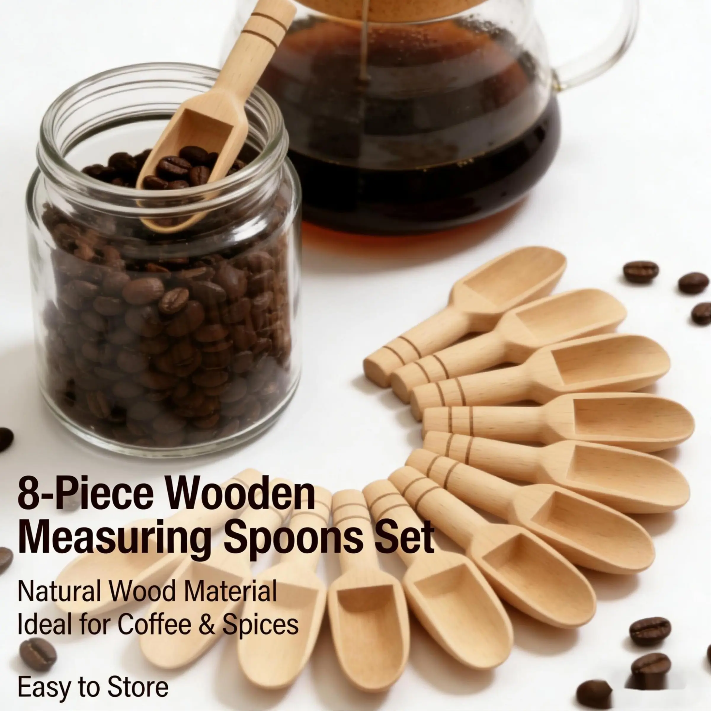 Wooden Measuring Spoons Set of 8, Coffee Bean Scoop, Tea Spoon, Honey Spoon, Laundry Powder Spoon, Bath Salt Spoon, Original Beech Wood