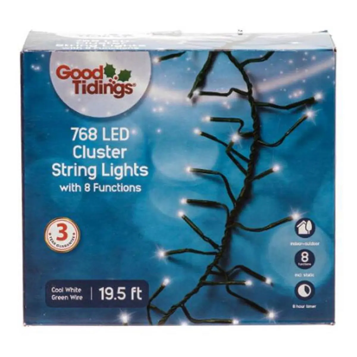 Good Tidings Cluster String Lights - 19.5 in, 768 Cool White LEDs, Green Wire, Dual Use Indoor-Outdoor Party & Christmas Decor for Home Festive Needs