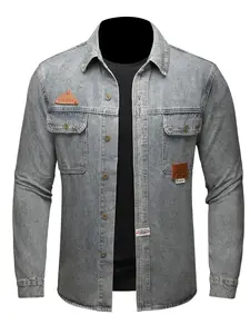 Men's Blue Washed Denim Shirt Jacket, Lapel Collar, Multi-pocket & Structured Design, Workwear Casual Versatile High-Quality Denim Shirt Jacket