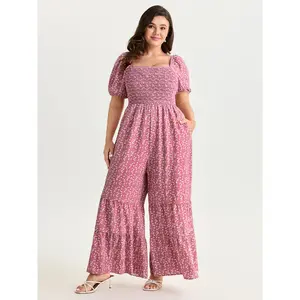 BLOOMCHIC Plus Size Floral Print Ruffled Hem Square Neckline Jumpsuit [M-6X]2026 Summer Vibes