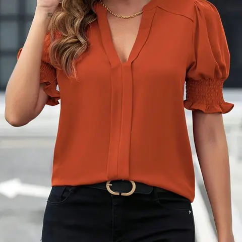 Women's Fashion Womenswear Basic Solid Color Everyday Casual V-Neck Bubble Sleeve Chiffon Shirt Blouse Top, Elegant and Stylish Design, Perfect for Daily Wear and Special Occasions
