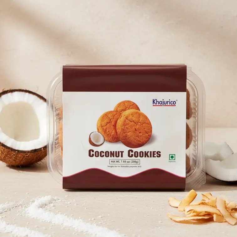 Khajurico Coconut Biscuit Snack, Crunchy Vegetarian Ambient Cookies, Pack of 4