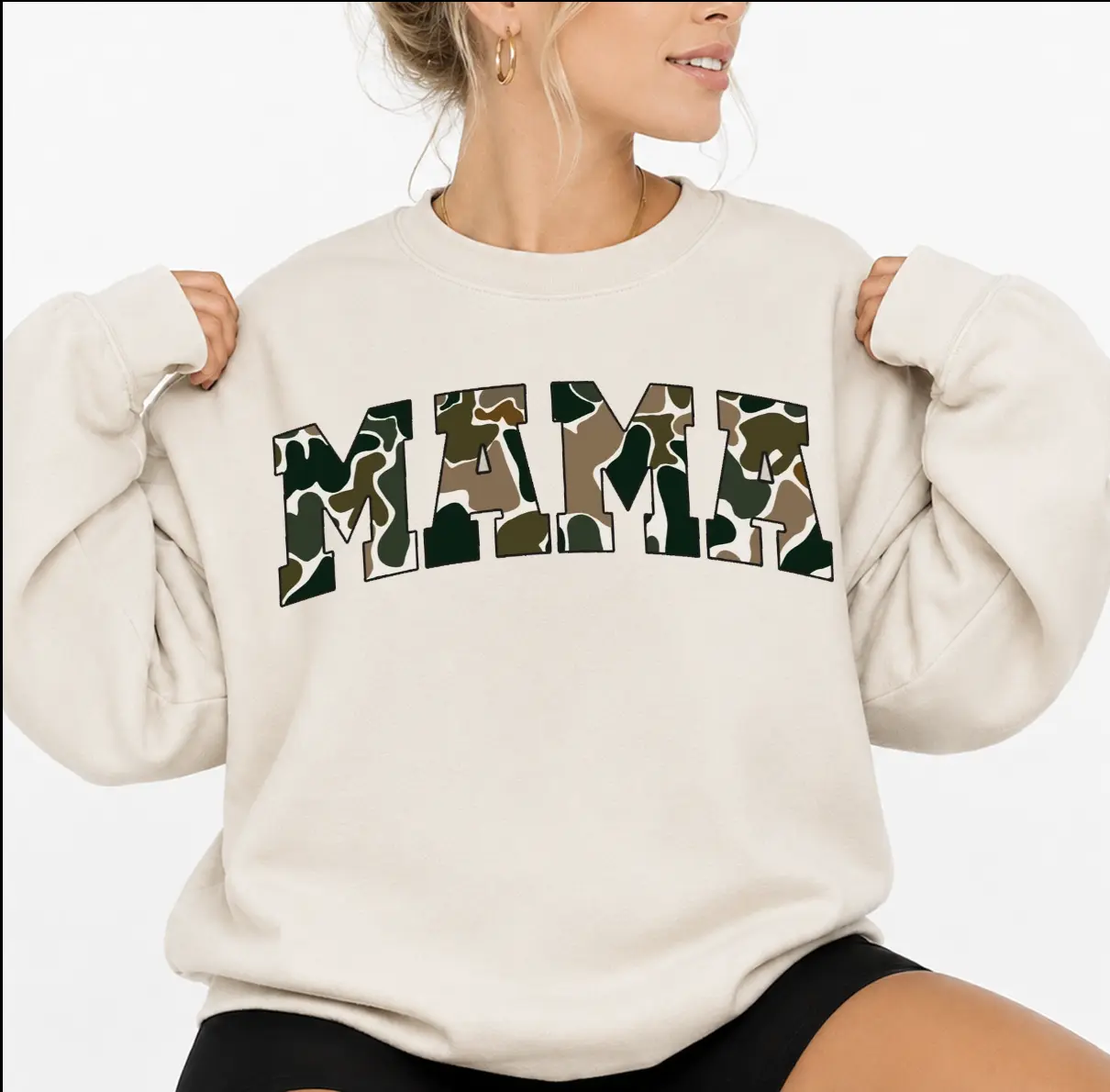 Women's MAMA Camo Print Sweatshirt, Classic Fit Long Sleeve Crewneck in a Soft Cotton-Polyester Blend, Gift for Moms