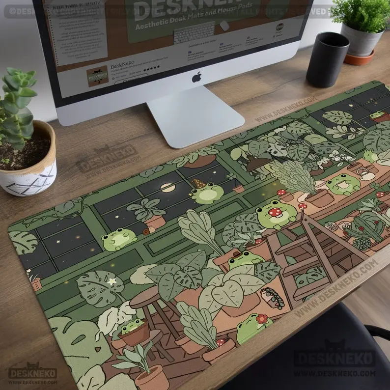 Cute Frogs Desk Mat, Green Mouse pad xl, led rgb large extended, Anime Characters Mousepad, Cottagecore keyboard deskmat, Lofi house plants, Desk Mat Gifts