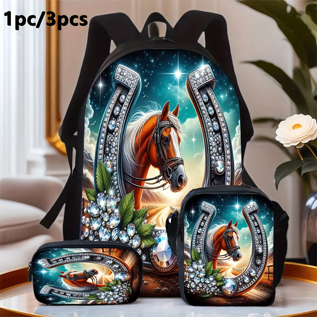 3-Piece Horse Theme Backpack Set, Unisex Large Capacity Oxford Cloth School Bag for Students and Commuters, Campus Life, Everyday Carry, Large Capacity Backpack, Back To School Haul, Carry On Backpacks