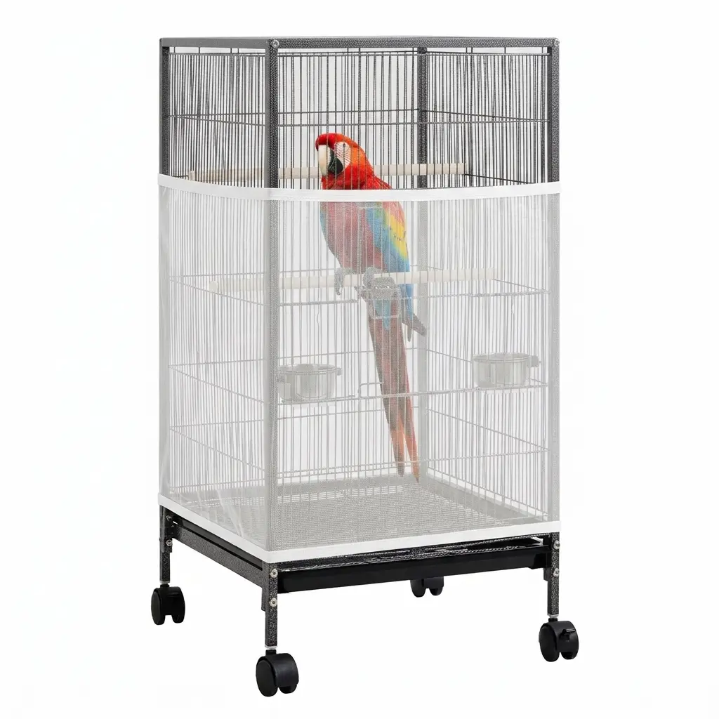Extra Large Parrot Bird Cage Mesh Cover - Airy Nylon Seed Catcher Guard Skirt for Large Pet Cages, Easy Clean Mesh Net