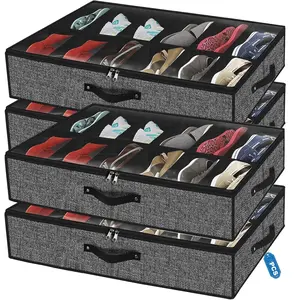 Closet Under Bed Shoe Organizer Fits 24 Pairs - Sturdy Under Bed Shoe Organizer, Set of 4 (Linen Black)
