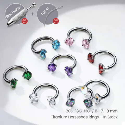 18G/16G Titanium Horseshoe Nose Ring (Free Ball Holder) Internally Threaded Gems,Earring Daith Cartilage Helix,Piercing Jewelry