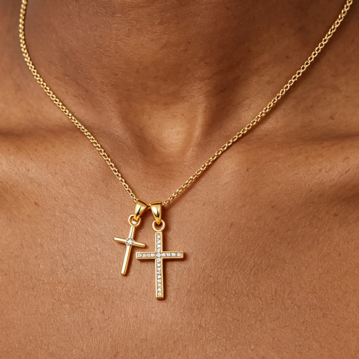 Women's 14K Gold Plated Double Cross Necklace, Dainty Cubic Zirconia Pendant, Minimalist Christian Faith Jewelry Gift for Baptism Confirmation