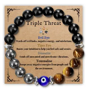 Triple Protection Bracelet for Men, Evil Eye Bracelet Men's Accessories, Tiger Eye Hematite Tourmaline Beads Crystals Bracelet Men's Jewelry as  Healing Christmst Gifts