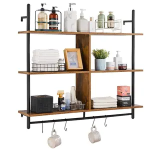 VEVOR Industrial Pipe Shelf, 3 Tier 41.5x9.84in, Wall-Mount Floating Rustic Wood Shelves Bracket Display Bookshelf, Storage Rack Sundries Holder for Kitchen Bedroom Bathroom Living Room, Black