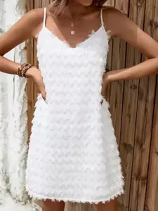 Women's Summer Casual Basic V-Neck Sleeveless Dress, Solid Color Short Fringe Design, Perfect for Daily & Everyday Wear & Leisure Activities