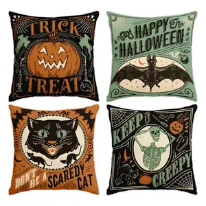 Halloween Themed Cushion Cover, 4 Counts/set Creative Scary Cat & Pumpkin Pattern Throw Pillow Cover without Filler, Household Decoration Supplies for Home Living Room Sofa Bedroom, Home Textile