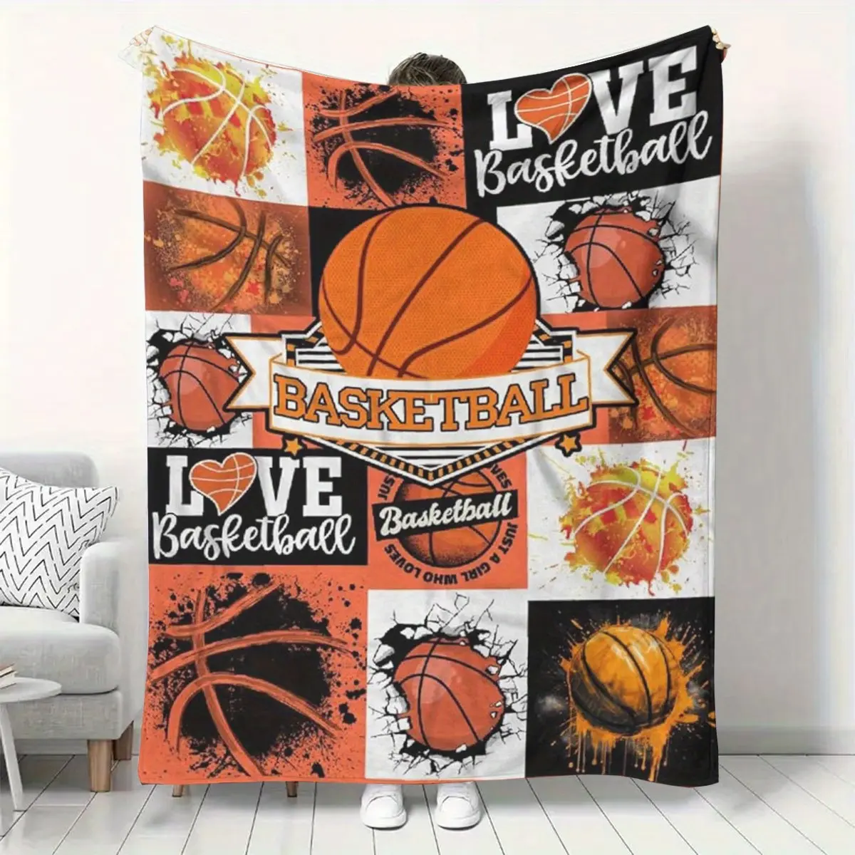 Plush Basketball-Themed Flannel Throw Blanket - Vibrant Geometric Print with Love Basketball Design, Soft Warm All-Season Cozy Blanket for Couch, Bed, Sports Fans - Gift for Men & Women