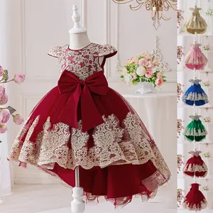 SHUJUAN Embroidered Maroon Kids Clothes Bow 6068 Flower Girls Frock Ball Gown Pageant Children Princess Prom Formal Party Cocktail Dress 3-8Y