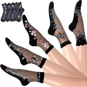 5 Pairs Floral Sheer Mesh Transparent Socks Ankle Lace Ultra Thin Fishnet See Through Jacquard Summer Socks