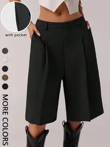 Women's Casual Solid Color Pants with Pockets, Fitted H-Type Shorts, Plain Pattern, All Seasons, Comfortable and Stylish, Casual Fashion Shorts, Womenswear