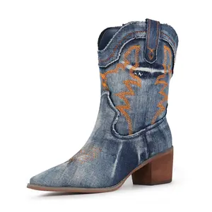 Hawkwell Women's Embroidered Stitched Rodeo Cowboy Boots Pointed Toe Chunky Block Heel Classic Pull On Cowgirl Ankle Western Booties Walking Shoes Footwear