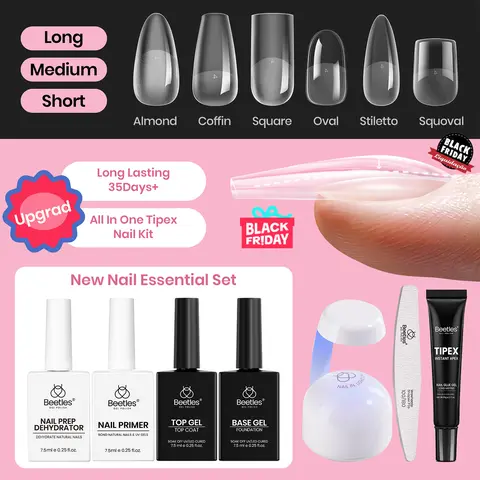 Beetles Tipex Pre-Building Instant Apex Nail Tips Kit – Stiletto Square Almond Coffin, 224PCS in 16 Sizes | Pre-Etched, Thick Full Cover Acrylic Tips with Nail Glue, Base & Top Coat, Nail Prep Kit, Mini UV Lamp Manicure Art DIY Long Lasting Gift for Women