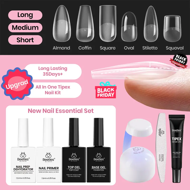 Beetles Tipex Pre-Building Instant Apex Nail Tips Kit – Stiletto Square Almond Coffin, 224PCS in 16 Sizes | Pre-Etched, Thick Full Cover Acrylic Tips with Nail Glue, Base & Top Coat, Nail Prep Kit, Mini UV Lamp Manicure Art DIY Long Lasting Gift for Women