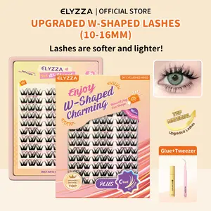 ELYZZA W-Shaped Eyelashes New Upgraded Softer Lash Clusters 10-16mm C+ Curl Long Individual Lashes Mixed Tray Faux Mink Lash Clusters Extensions With Tweezers & Glue For DIY Lash Extension at Home