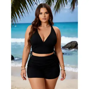 Women's Plus Size 2-Piece Polyamide Blend Tankini Set - Crisscross Back, Adjustable Straps, High-Waisted Shorts with Side Drawstrings, Plus Size Clothes for Beach Vacation, Tankini Tops