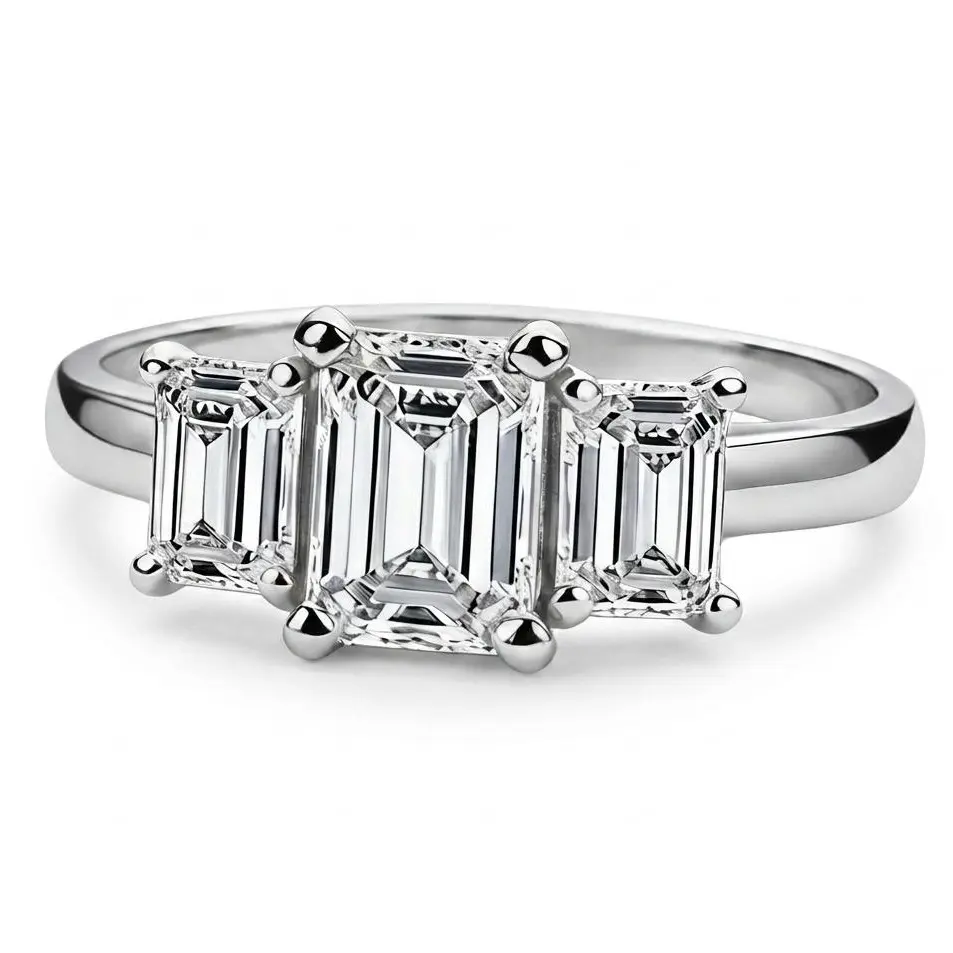 Classic VVS1 Moissanite 3-Stone Emerald Cut Silver Ring - Hypoallergenic, Non-Tarnish Fine Jewelry for Bridal Engagement, Old Money Aesthetic Daily Wear Gift